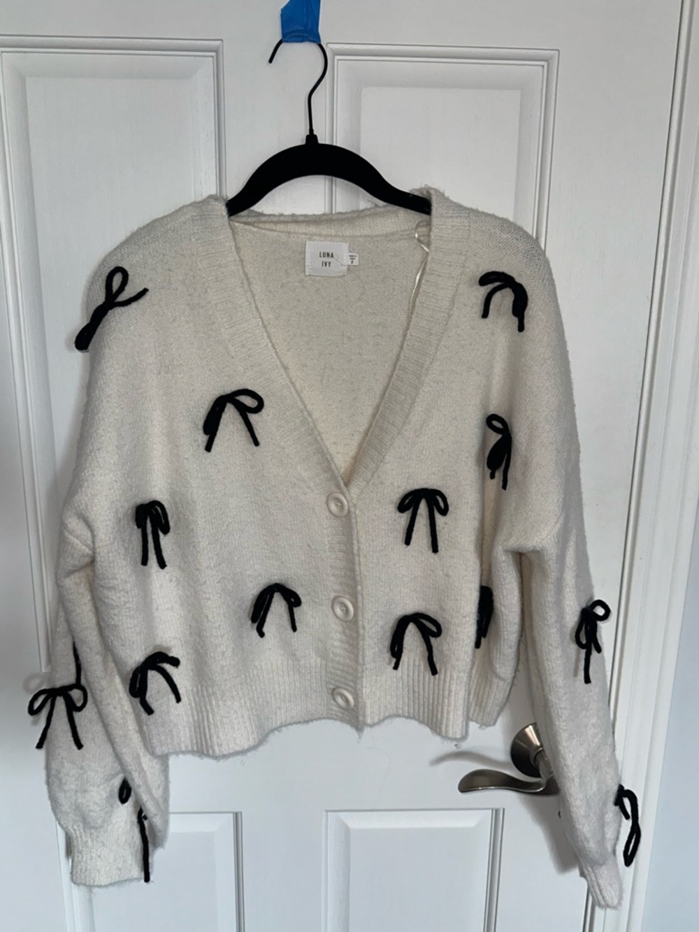 Lena May White Bow-Appliqué V-Neck Cardigan Sweater
